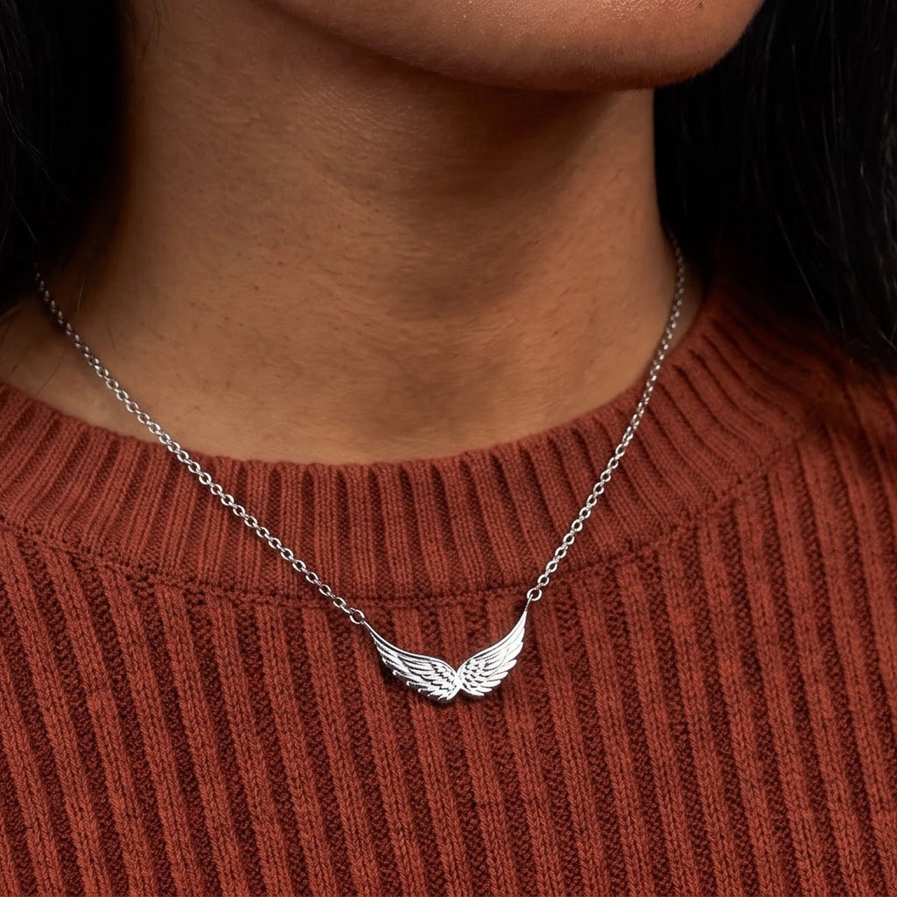 The silver necklace worn, close-up | SKU: 42001-silver
