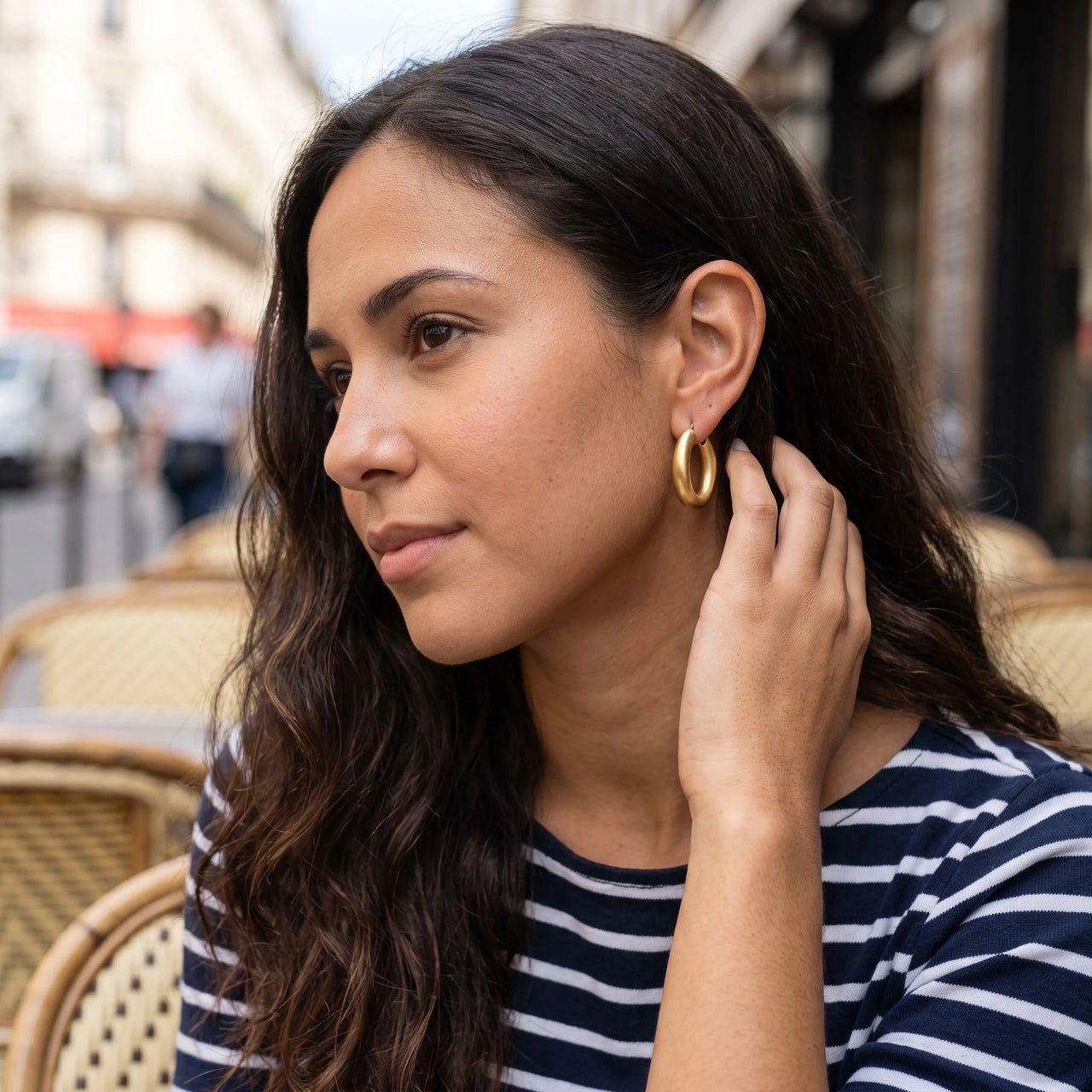 Hoop earrings — worn, everyday gesture, gold | SKU: lesmates