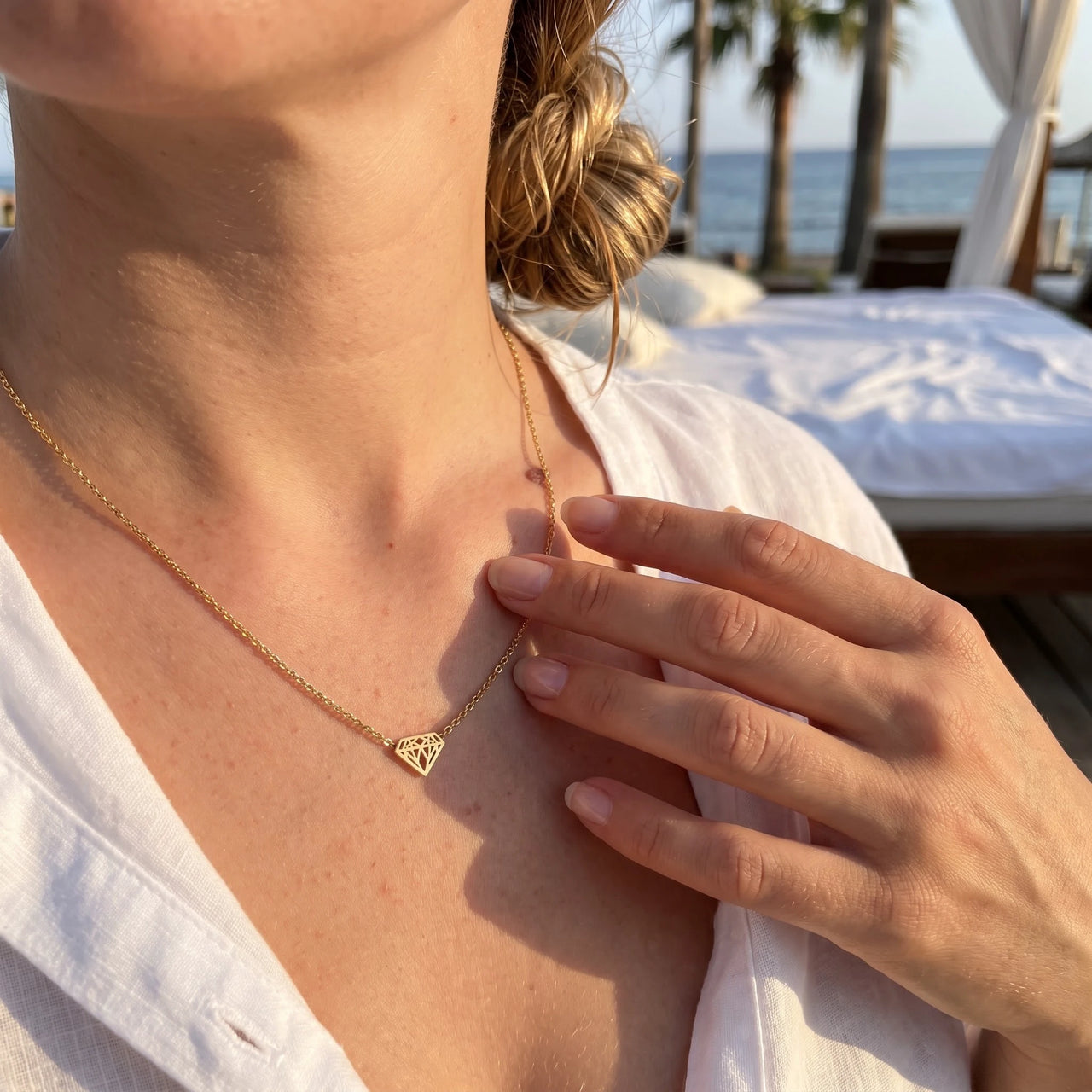 Diamond shape necklace — worn, real size, gold | SKU: 12791388-gold