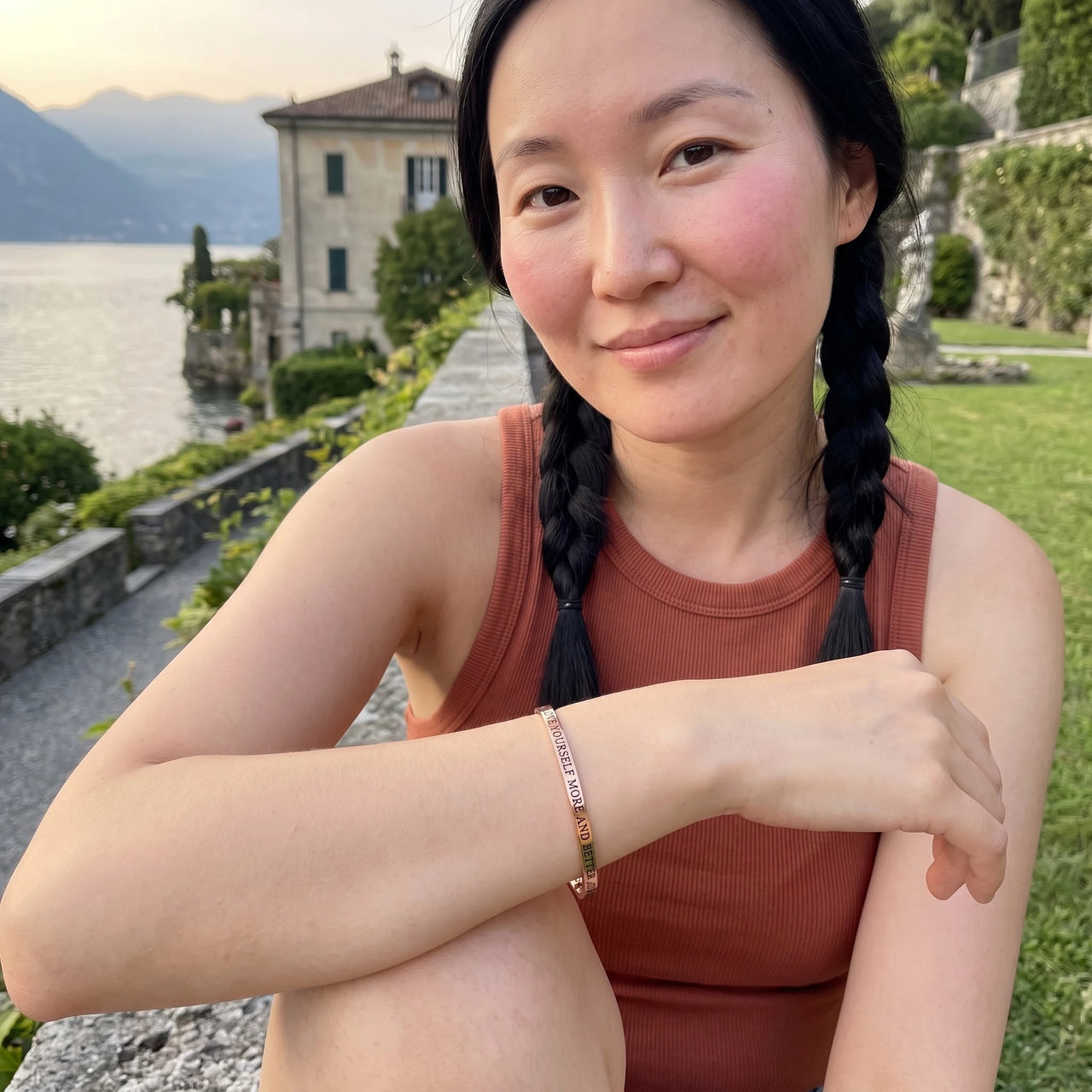 Mantra bracelet — worn on a getaway, rose gold | SKU: lymab-rg