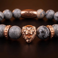 Thumbnail for Rose Gold Lion & Grey Stones Bracelet – macro detail of the lion head | Brother & Sisters | SKU: 20866222-rose-gold-XS-14-15, 20866222-rose-gold-S-16-17, 20866222-rose-gold-M-18-19, 20866222-rose-gold-L-20-21, 20866222-rose-gold-XL-22-23