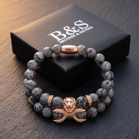 Thumbnail for Rose Gold Lion & Grey Stones Set – in the Brother & Sisters gift box | Brother & Sisters | SKU: 21039839SET-rose-gold-XS-14-15, 21039839SET-rose-gold-S-16-17, 21039839SET-rose-gold-M-18-19, 21039839SET-rose-gold-L-20-21, 21039839SET-rose-gold-XL-22-23