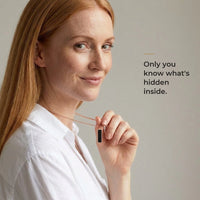 Thumbnail for Woman wearing the black rose gold bar pendant, only she knows the photo inside | SKU: TPH-BARN-ROSEGOLD