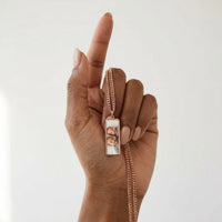 Thumbnail for Rose gold bar pendant next to her finger, real small size, twins' photo inside | SKU: TPH-BARN-ROSEGOLD