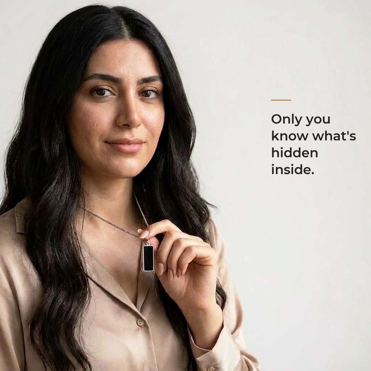 Woman wearing the black silver bar pendant, only she knows the photo inside | SKU: TPH-BARN-SILVER