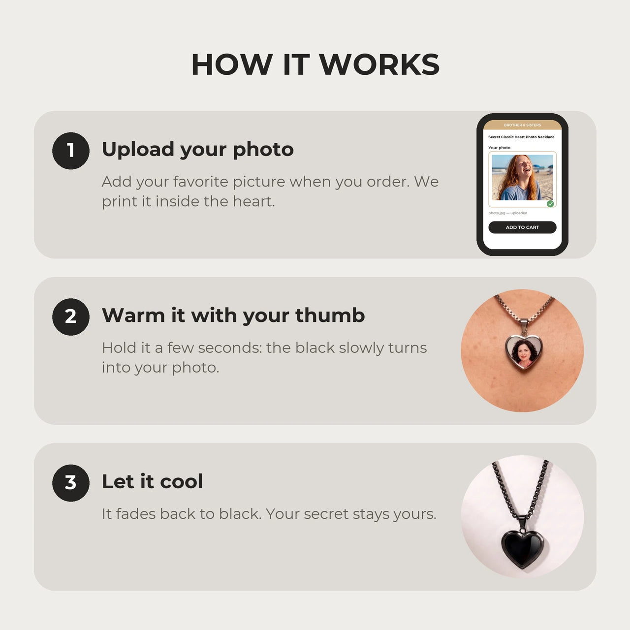 How it works: upload your photo, warm the heart with your thumb, let it cool back to black | SKU: TPH-CHTN-BLACK-SMALL
