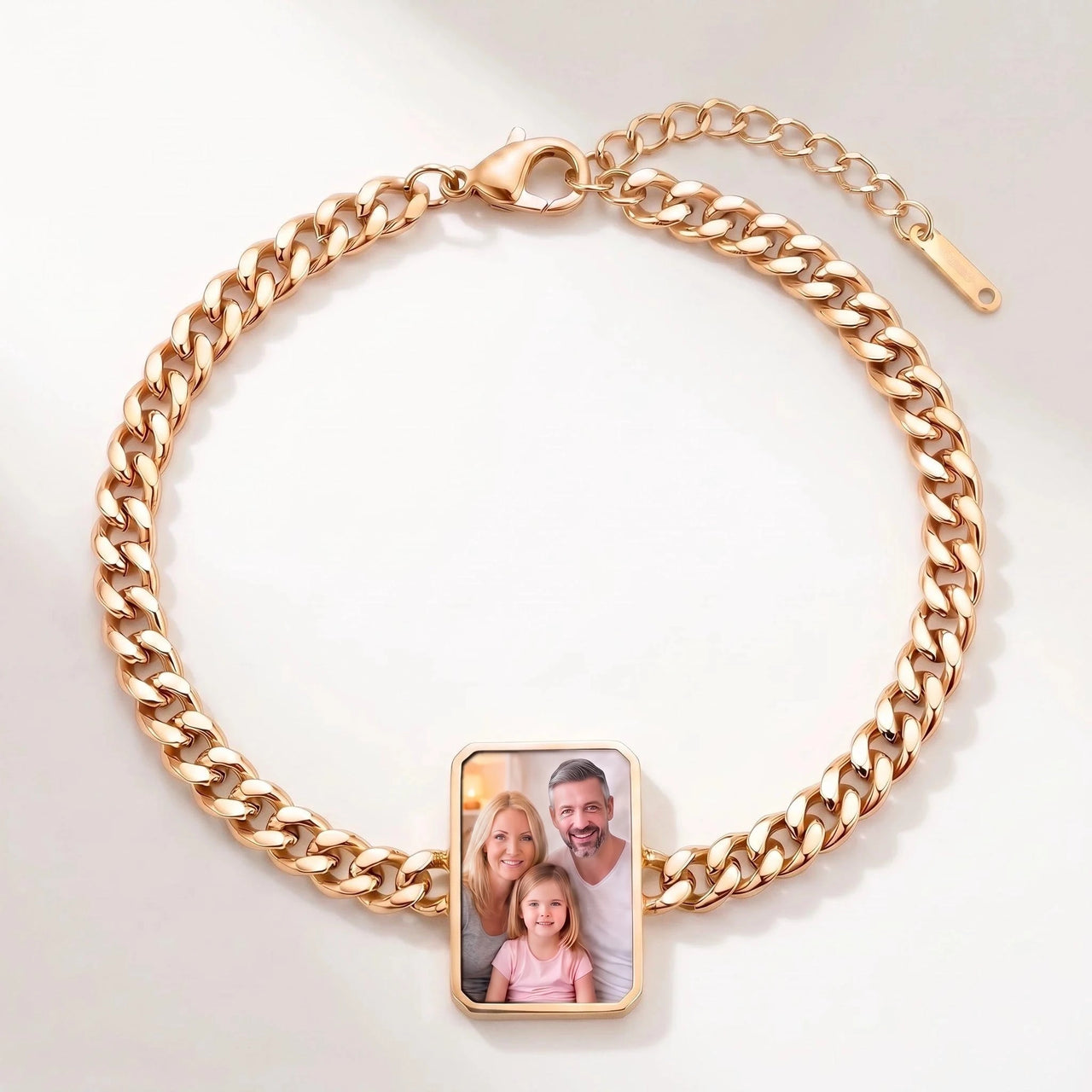 Secret Cushion Photo Bracelet in gold, cushion-cut charm on a curb chain with the hidden photo revealed by warmth | SKU: TPH-CUSB-GOLD