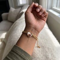 Thumbnail for The gold heart photo bracelet on the wrist, showing the lobster clasp and extension chain | SKU: TPH-HRTB-GOLD