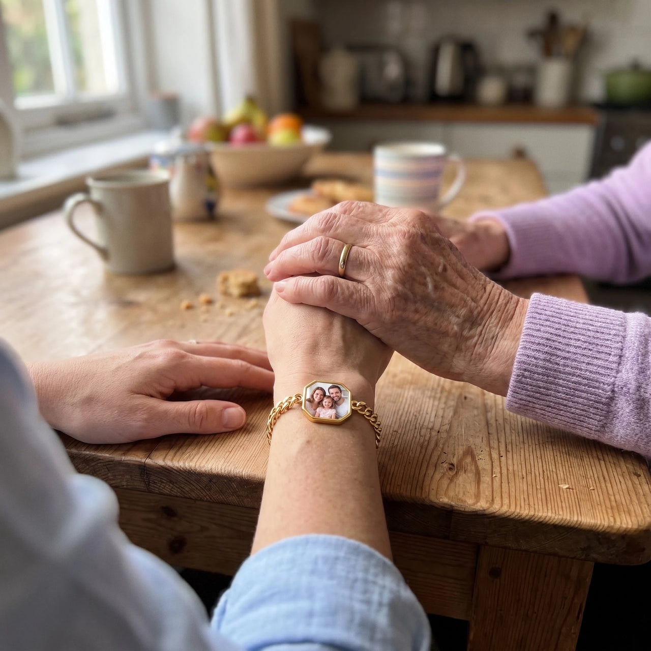Mother and daughter hands together, the gold octagon photo bracelet on the wrist | SKU: TPH-OCTB-GOLD-18