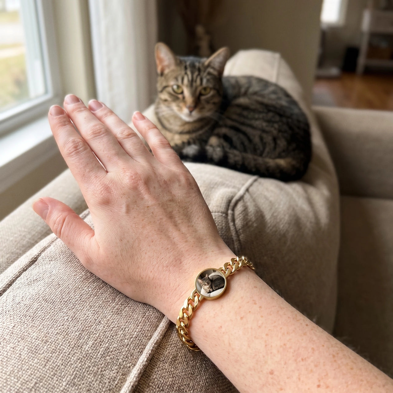 Customer photo: the gold round bracelet with her cat's photo, her cat in the background | SKU: TPH-RNDB-GOLD