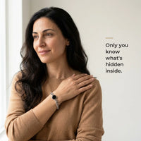 Thumbnail for Woman wearing the silver bracelet with its black round charm, only she knows the photo inside | SKU: TPH-RNDB-SILVER