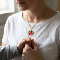 Thumbnail for Mother and son holding hands, the gold round photo necklace with his childhood photo | SKU: TPH-RNDN-GOLD