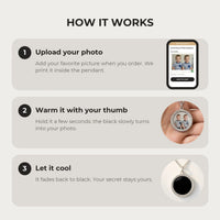 Thumbnail for How it works: upload your photo, warm the pendant with your thumb, let it cool back to black | SKU: TPH-RNDN-SILVER