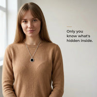Thumbnail for Woman wearing the black silver round pendant, only she knows the photo inside | SKU: TPH-RNDN-SILVER