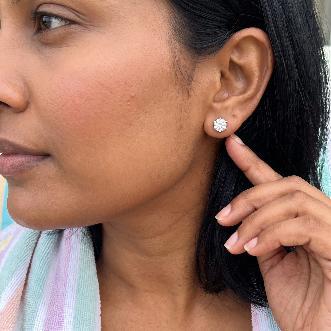 Solitaire stud earrings — worn, real size, silver | SKU: 5056659