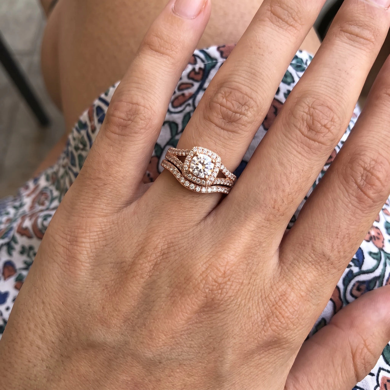 Engagement ring and wedding band set — worn, real size, rose gold | SKU: 497080-4.5-rose-gold