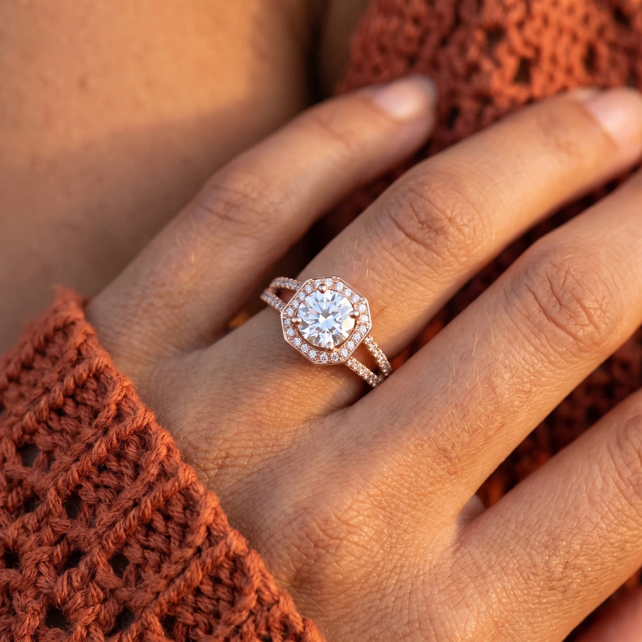 Halo engagement ring — close-up of the details, rose gold | SKU: 346060-4.5-rose-gold