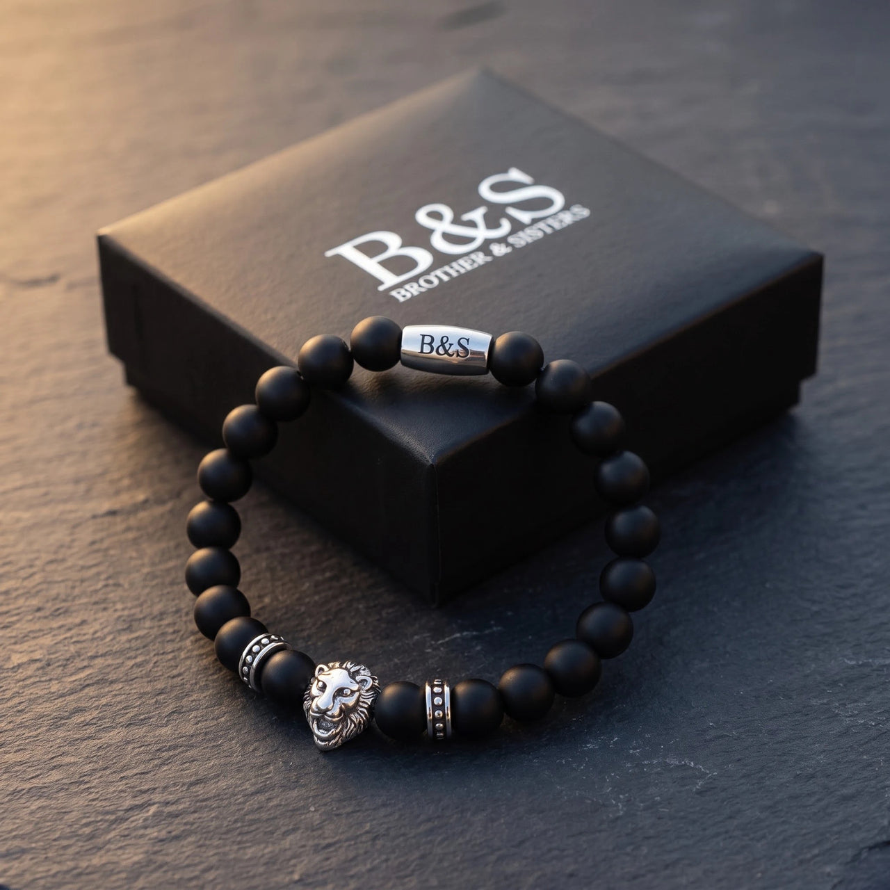 White Gold Lion & Black Stones Bracelet – in the Brother & Sisters gift box | Brother & Sisters | SKU: 20712286-silver-XS-14-15, 20712286-silver-S-16-17, 20712286-silver-M-18-19, 20712286-silver-L-20-21, 20712286-silver-XL-22-23