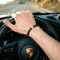 Thumbnail for White Gold Lion & Black Stones Bracelet – worn at the steering wheel of a luxury car | Brother & Sisters | SKU: 20712286-silver-XS-14-15, 20712286-silver-S-16-17, 20712286-silver-M-18-19, 20712286-silver-L-20-21, 20712286-silver-XL-22-23