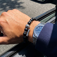 Thumbnail for White Gold Lion & Black Stones Bracelet – worn next to a luxury watch | Brother & Sisters | SKU: 20712286-silver-XS-14-15, 20712286-silver-S-16-17, 20712286-silver-M-18-19, 20712286-silver-L-20-21, 20712286-silver-XL-22-23