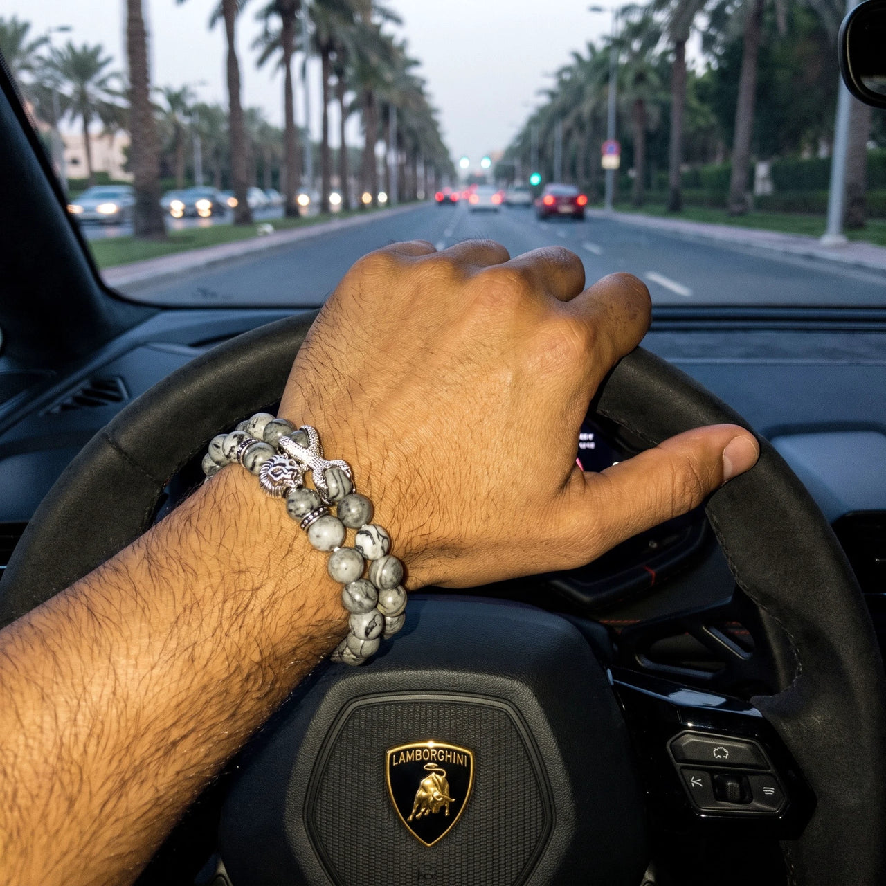 White Gold Lion & Grey Stones Set – worn at the steering wheel of a luxury car | Brother & Sisters | SKU: 21039839SET-silver-XS-14-15, 21039839SET-silver-S-16-17, 21039839SET-silver-M-18-19, 21039839SET-silver-L-20-21, 21039839SET-silver-XL-22-23