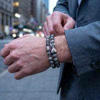 Thumbnail for White Gold Lion & Grey Stones Set – worn with a shirt cuff | Brother & Sisters | SKU: 21039839SET-silver-XS-14-15, 21039839SET-silver-S-16-17, 21039839SET-silver-M-18-19, 21039839SET-silver-L-20-21, 21039839SET-silver-XL-22-23