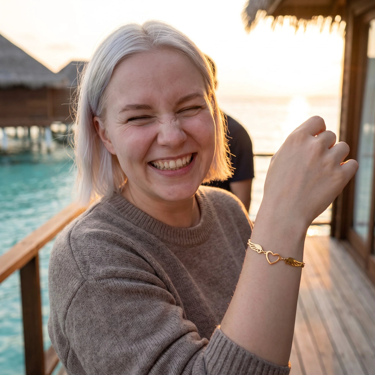 Woman laughing, wearing the gold bracelet | SKU: 42007-gold